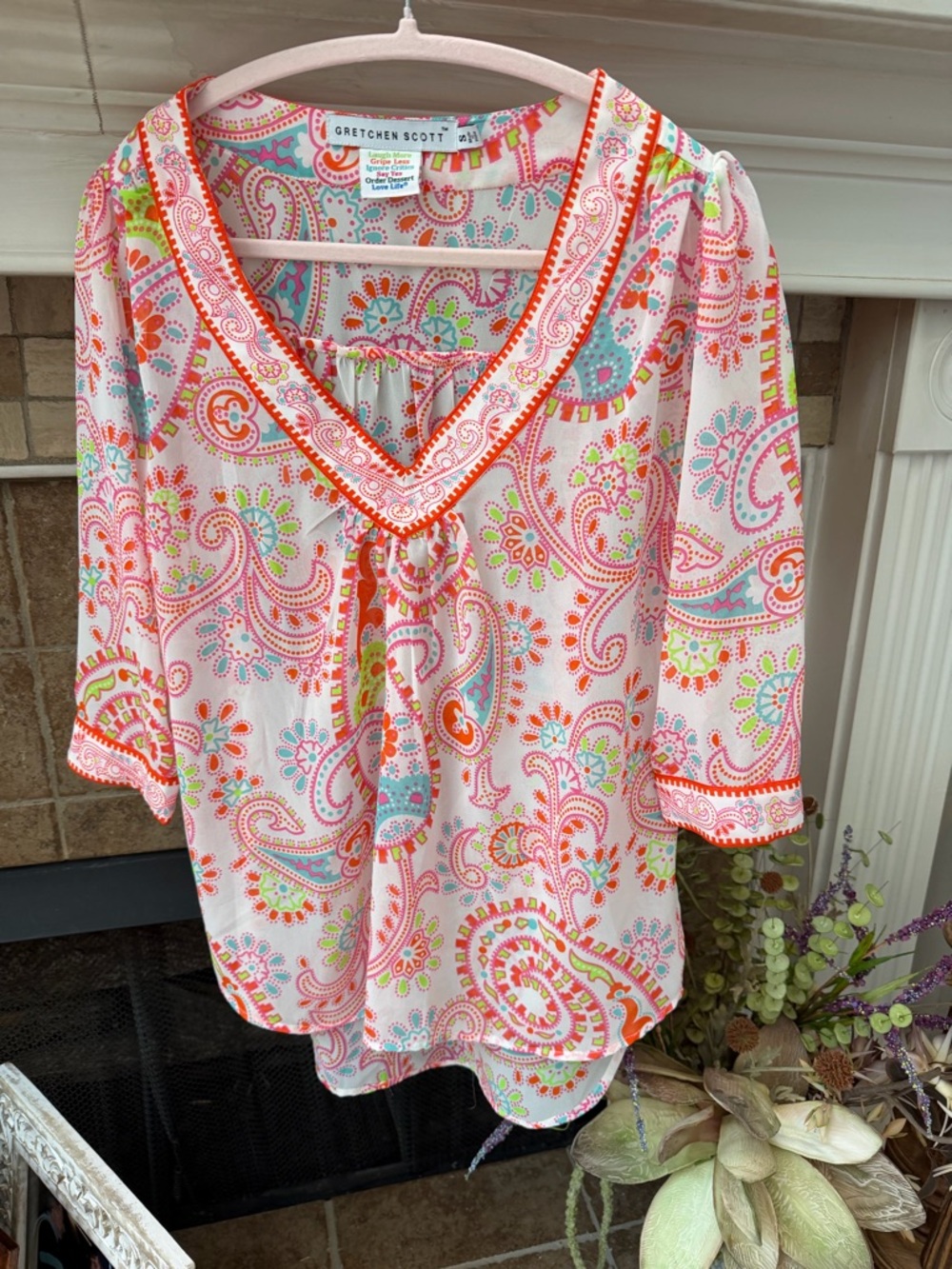 Gretchen Scott orange blue white Paisley Blouse Sz small